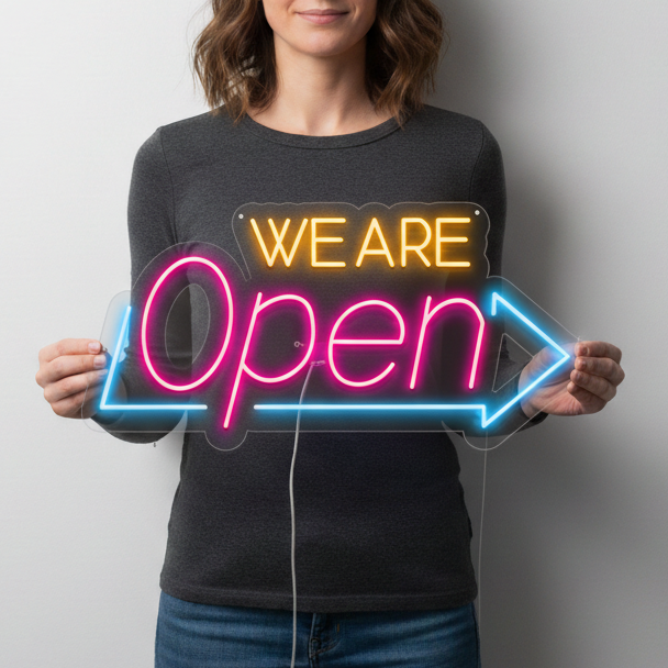 We Are Open Arrow Neon Signs